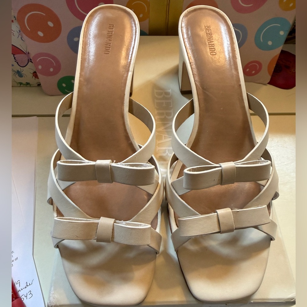 Bernardo Cream Bow-Strap Block Heel Sandals